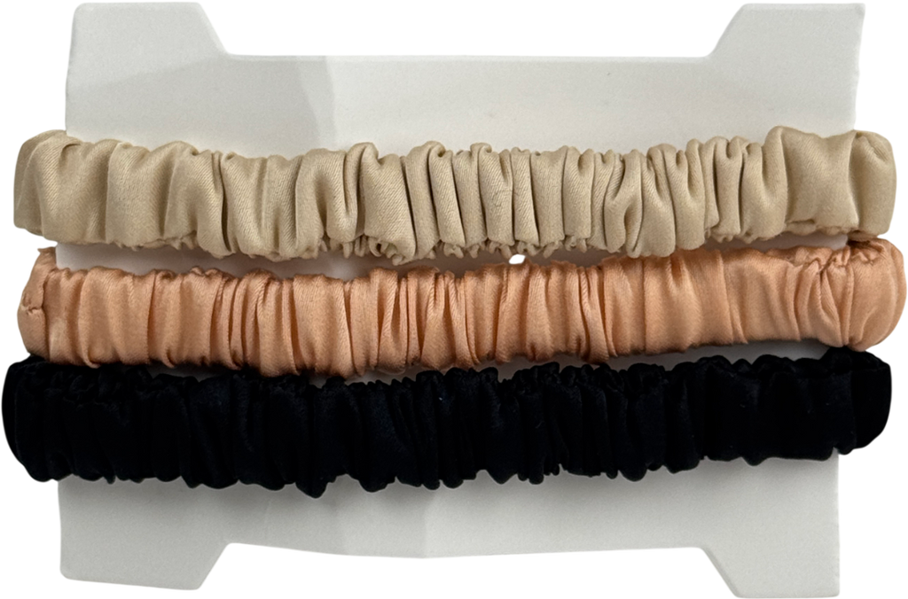 SILKI. Black Set Of 3 Luxury 100% Mulberry Silk Hair Scrunchies - Black/ Champagne/pink One Size