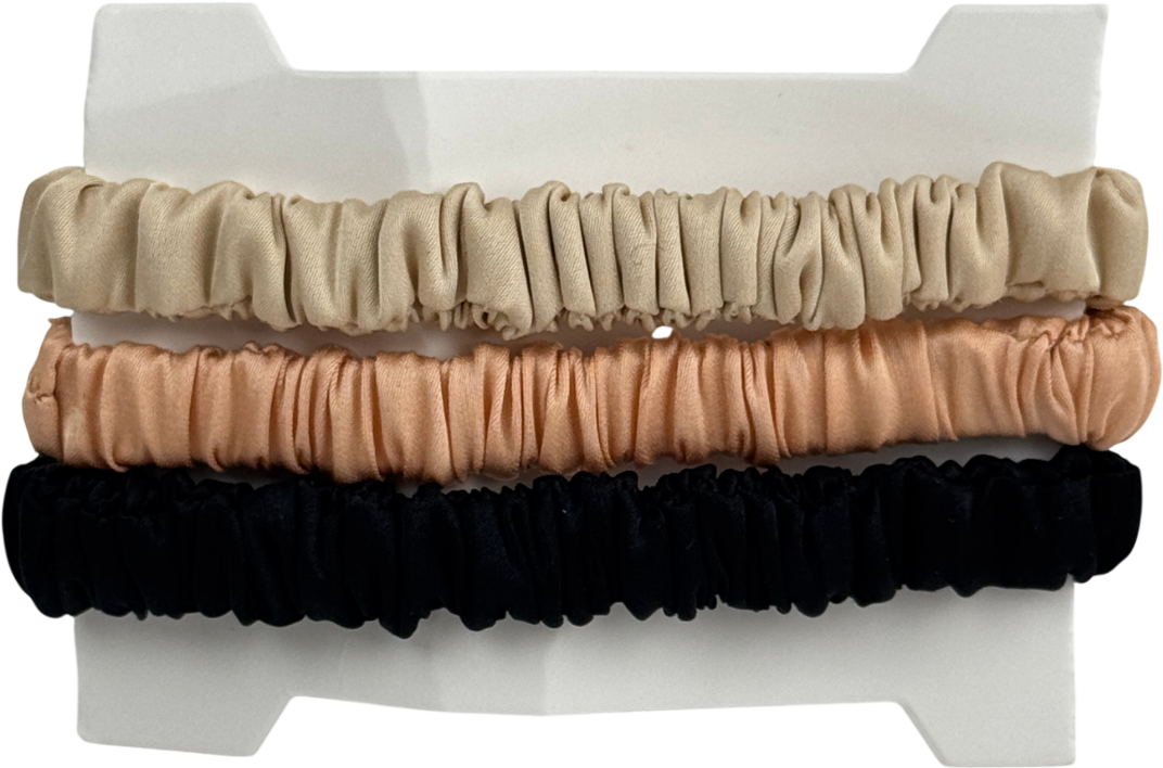 SILKI. Black Set Of 3 Luxury 100% Mulberry Silk Hair Scrunchies - Black/ Champagne/pink One Size