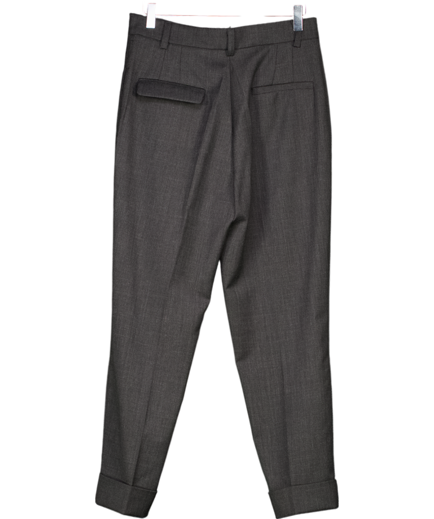 SOLOTRE Grey Wool Blend Tapered Trousers With Turn-ups UK S