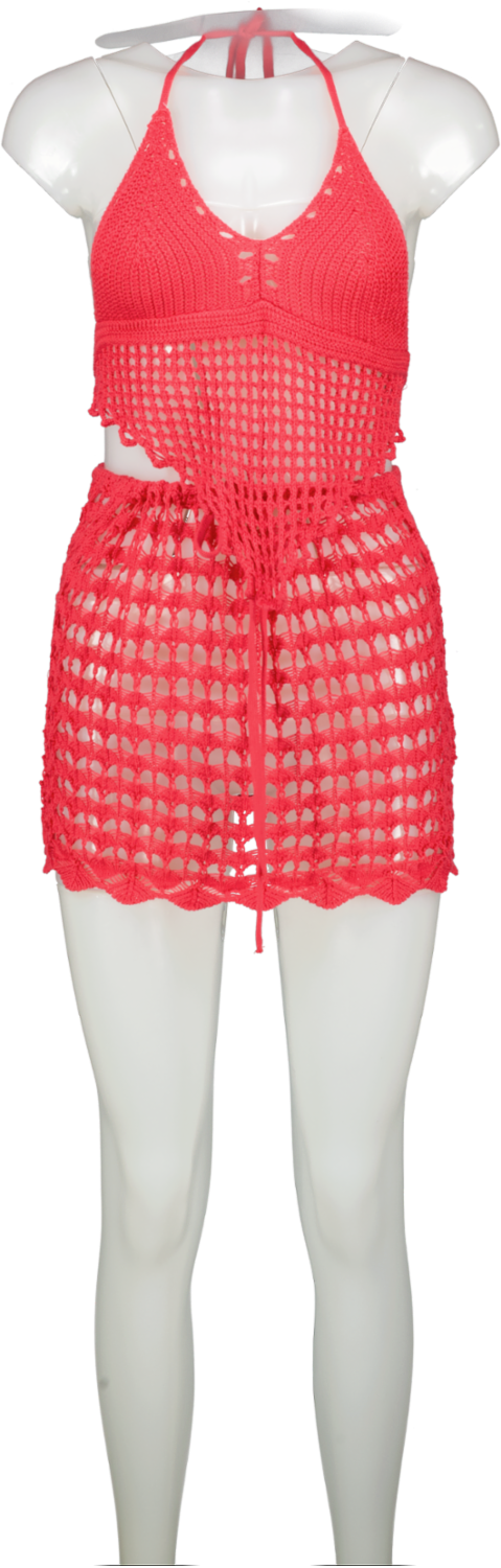 Ego Pink Halter Neck Crochet Top And Bodycon Skirt UK M