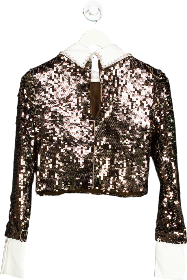 Karen Millen Gun Metal Sequin Woven Long Sleeve Crop Top UK 10