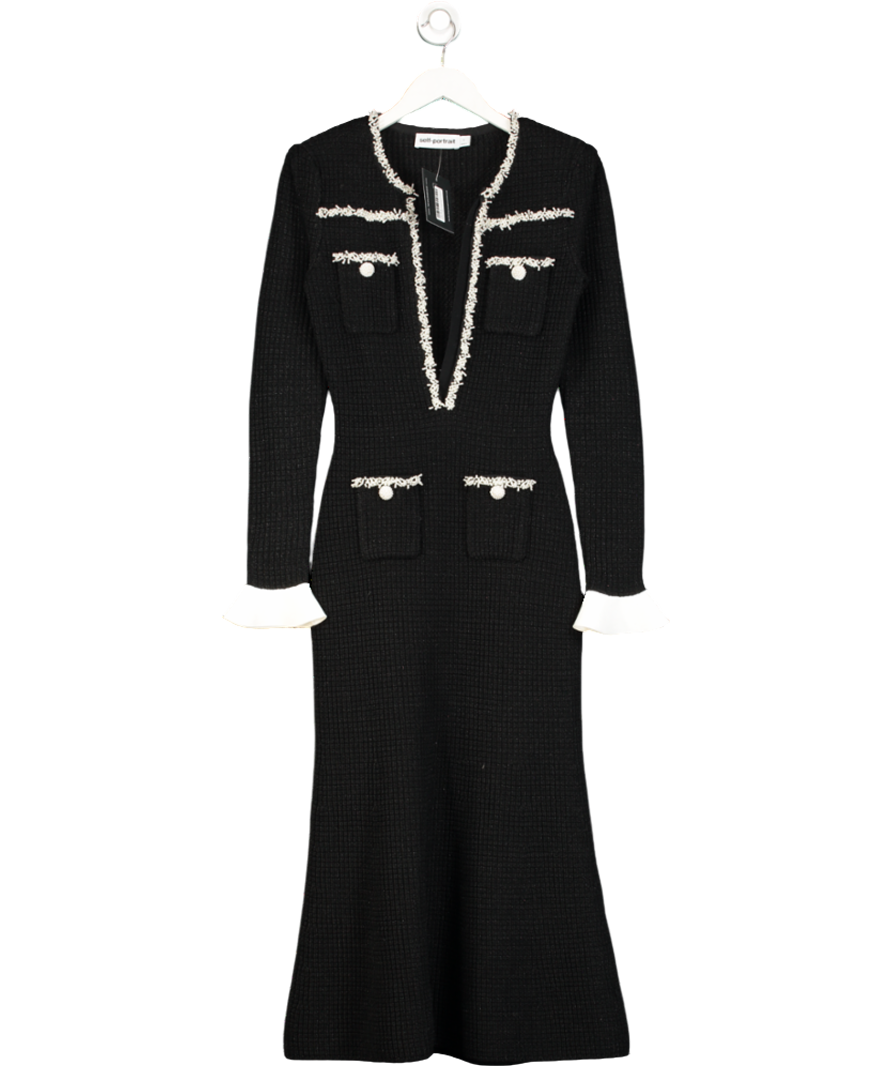 Self Portrait Black Faux Pearl-embellished Crepe-trimmed Metallic Ribbed-knit Midi Dress UK S