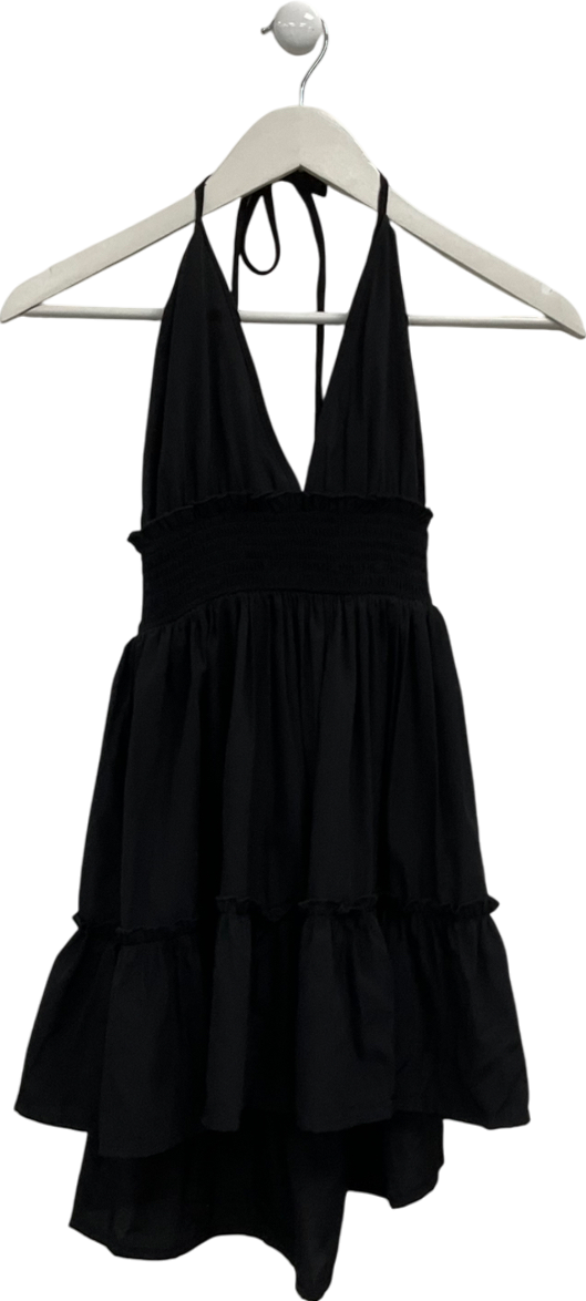 boohoo Black Ruched Waist Frill Halter Neck Beach Dress UK 10