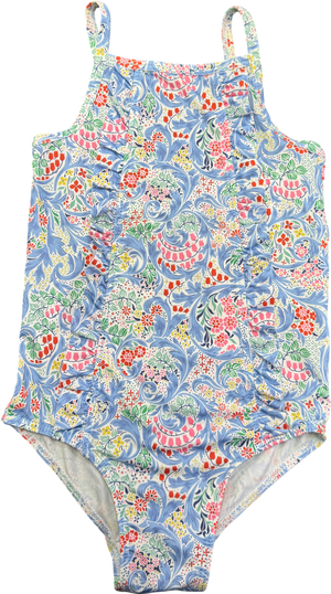 Trotter Swim Black Blue Floral Frill Detail Swimsuit 6-7 Years