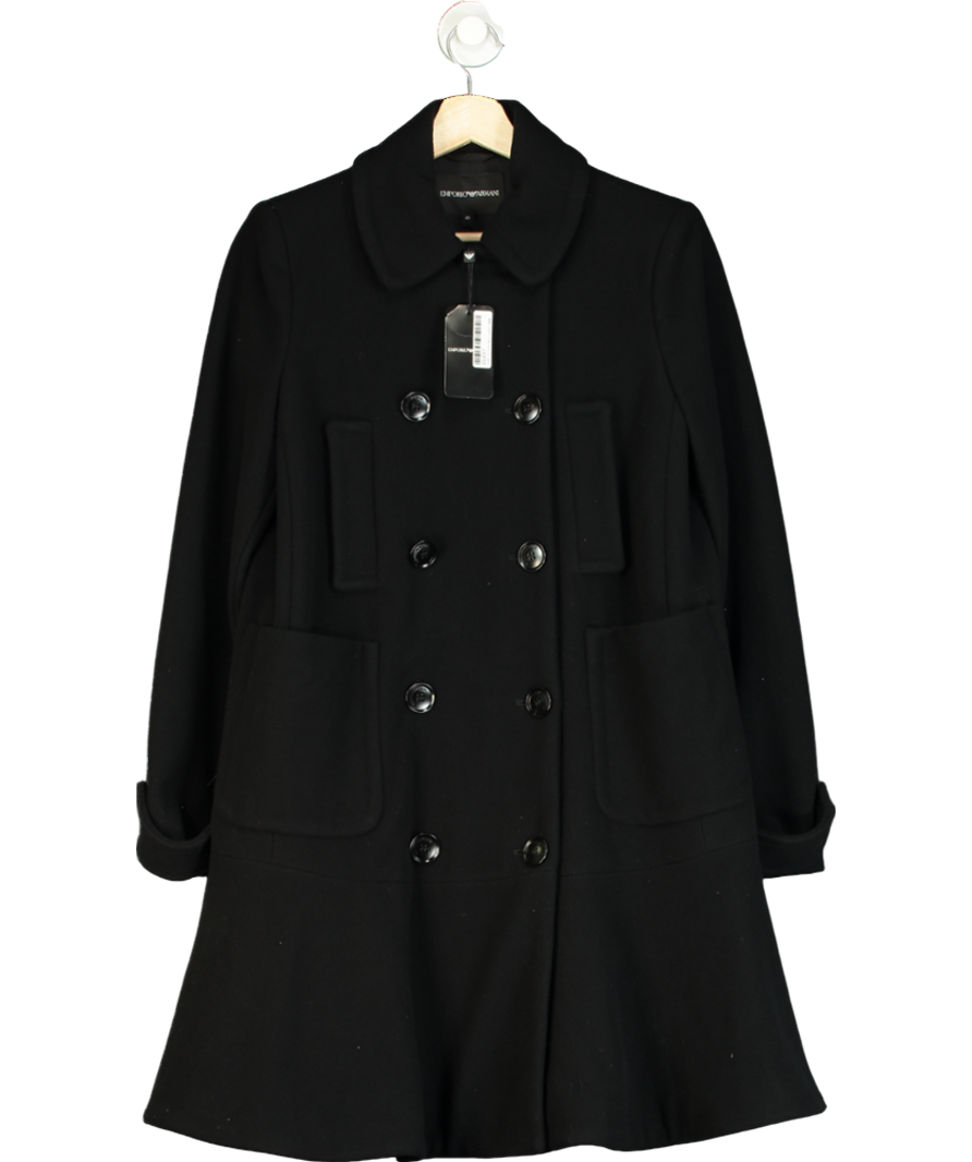 Emporio Armani Black Virgin Wool Peplum Hem Coat UK 8