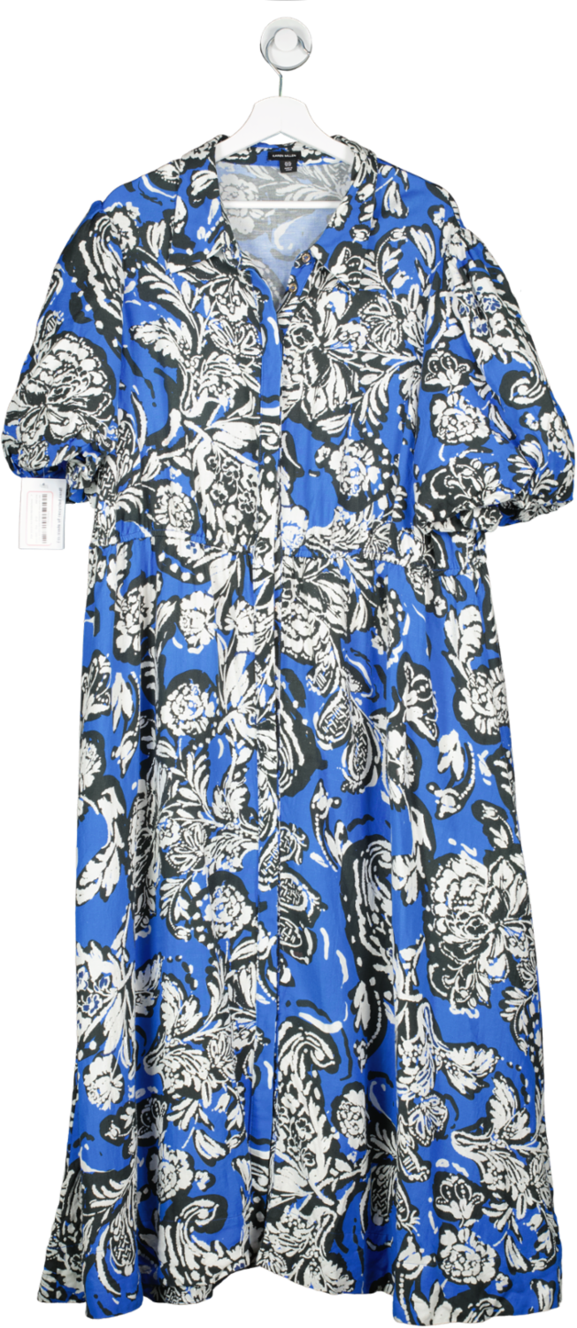 Karen Millen Blue Batik Viscose Linen Belted Midi Shirt Dress UK 24