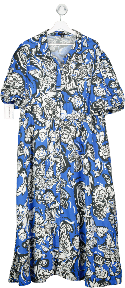 Karen Millen Blue Batik Viscose Linen Belted Midi Shirt Dress UK 24
