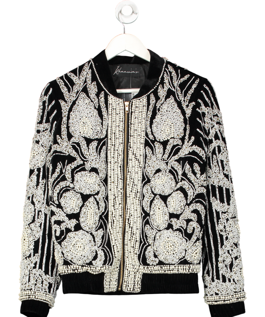 Khanum's Black Velvet Pearl Embellished Bomber Jacket UK S