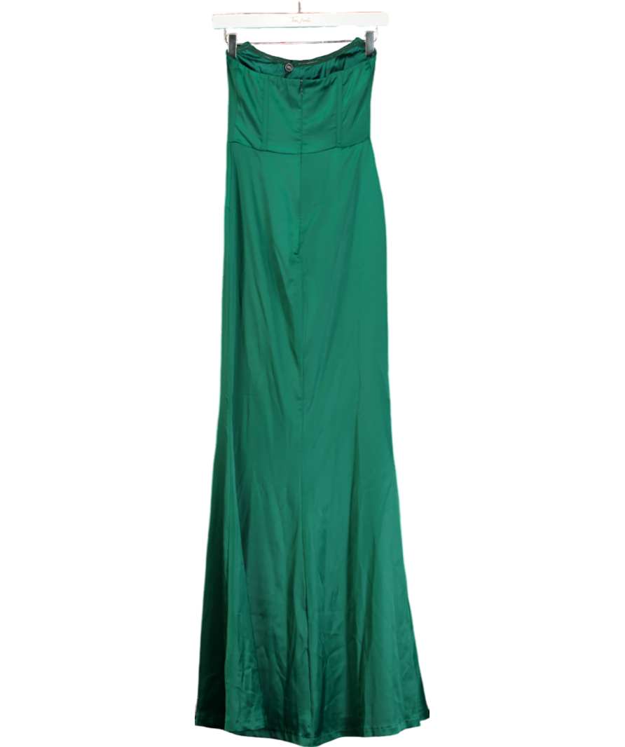 Club L Bottle Green Satin Strapless Corset Thigh Split Fishtail Maxi Dress UK 6