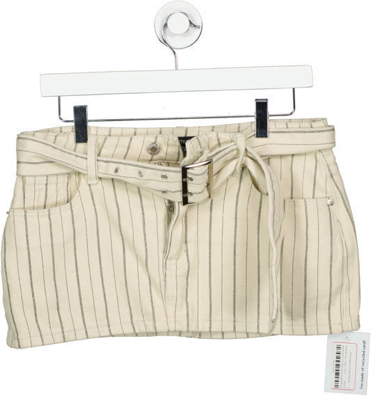 PrettyLittleThing Cream Pinstripe Belted Denim Micro Mini Skirt UK 10