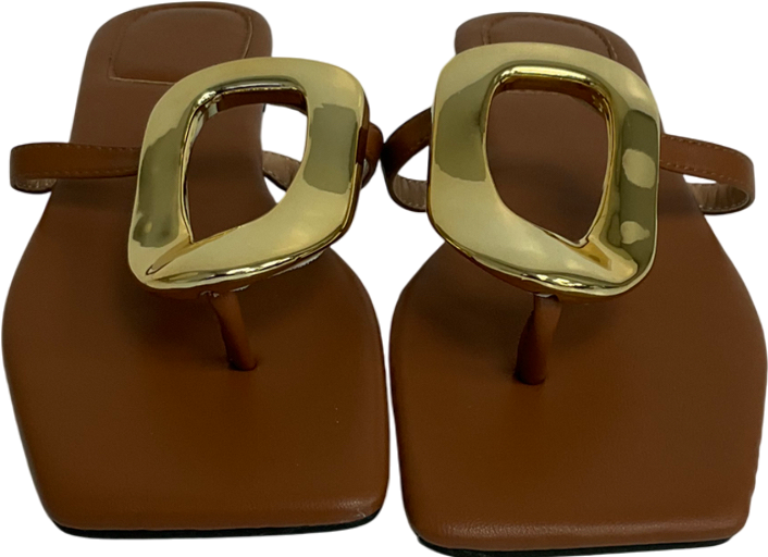 Brown Square Toe Flip Flops, Summer Outdoor Fashion Casual Flat Thong Sandals With Golden Plastic Buckle UK 6 EU 39 👠