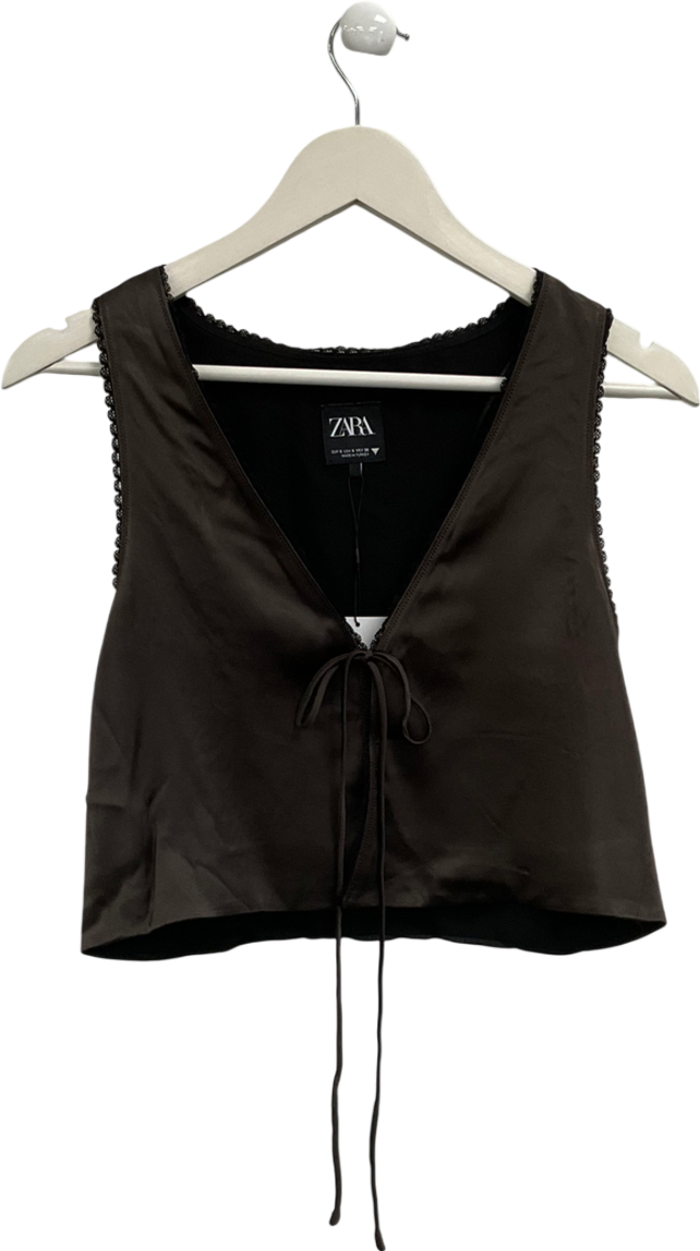 ZARA Brown Satin Tie Front Sleeveless Top UK S