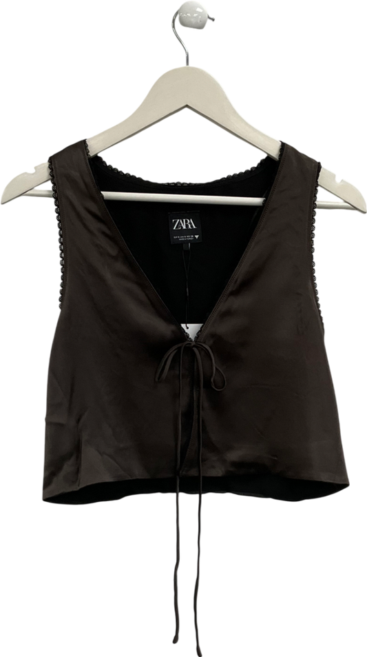 ZARA Brown Satin Tie Front Sleeveless Top UK S