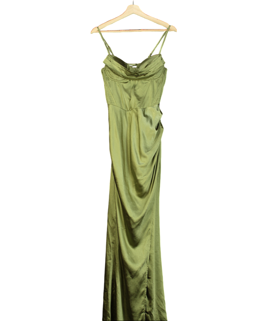 Club L Green Starlight Cowl Neck Satin Wrap Maxi Dress UK 10