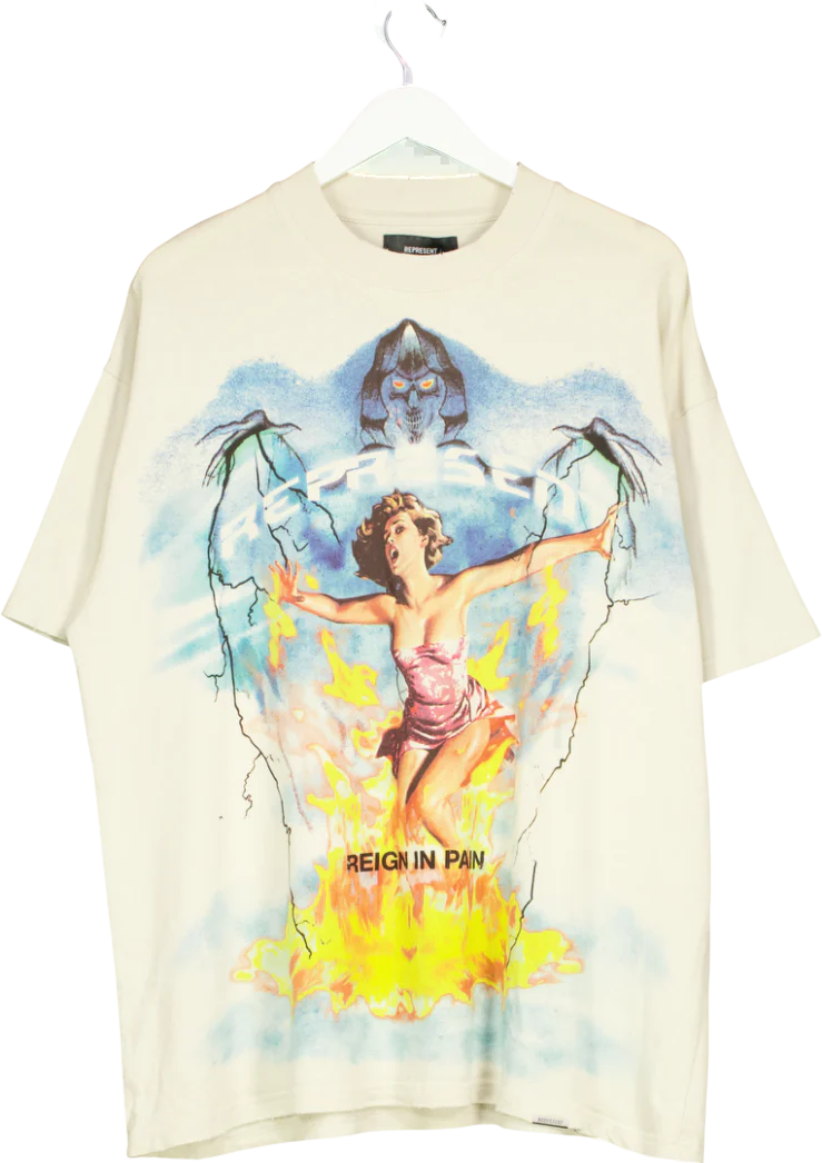 REPRESENT Beige 'reign In Pain" Graphic T-shirt UK M