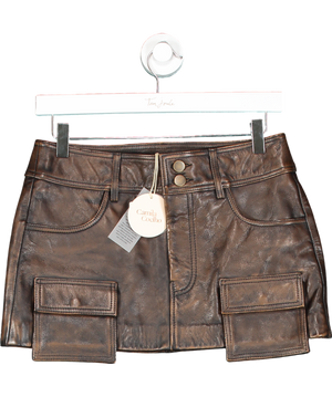 Camila Coelho Distressed Brown Real Leather Billy Mini Skirt UK XS