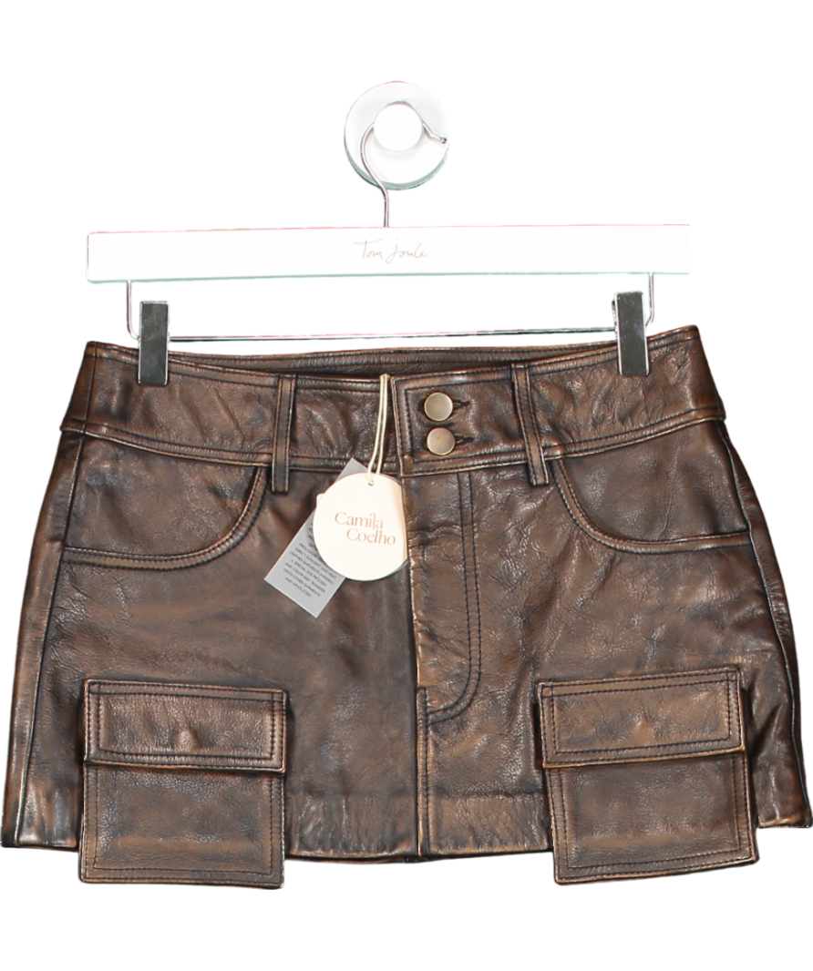 Camila Coelho Distressed Brown Real Leather Billy Mini Skirt UK XS