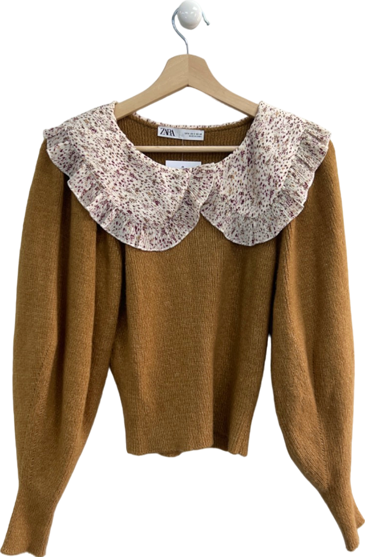Zara Brown Knit Jumper With Floral Collar EUR S