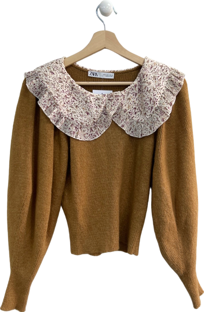 Zara Brown Knit Jumper With Floral Collar EUR S