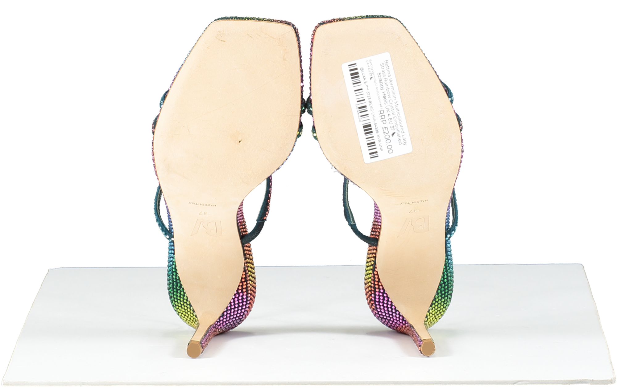 Bettina Vermillon Multicoloured Lady Strass Rainbow Crystal Embellished Strappy Heels UK 4 EU 37 👠