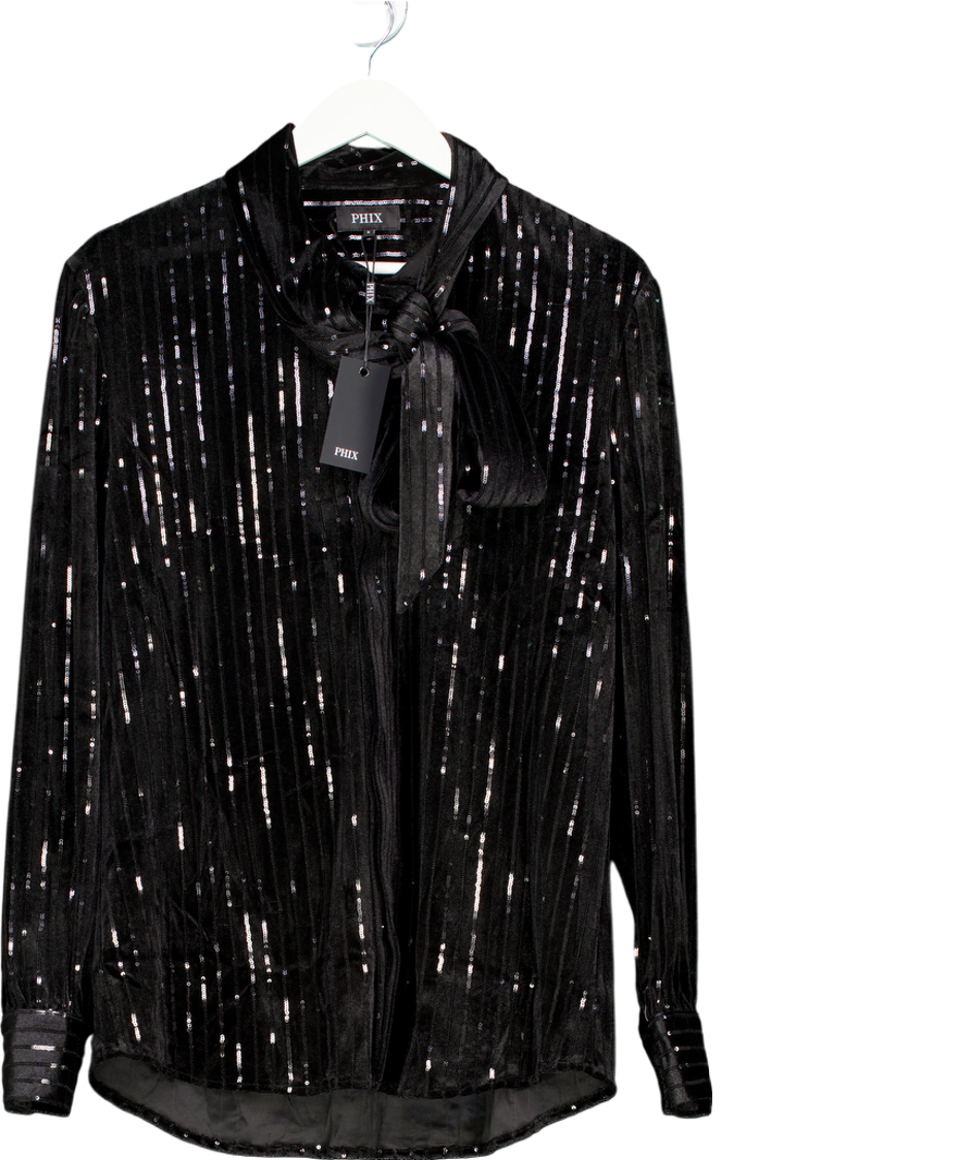 Phix Black Sequin Velvet Scarf Neck Shirt UK S