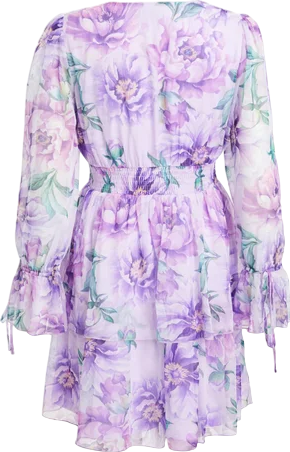 QUIZ  Lilac Chiffon Floral Tiered Long Sleeve Mini Dress UK 16