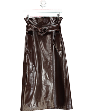 Mirimalist Brown Sepia Leather Wrap Midi Skirt UK M
