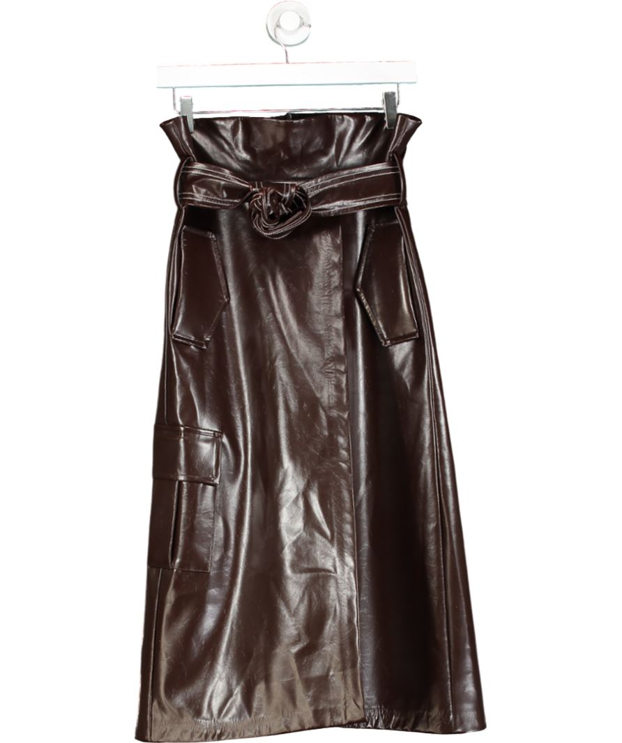 Mirimalist Brown Sepia Leather Wrap Midi Skirt UK M