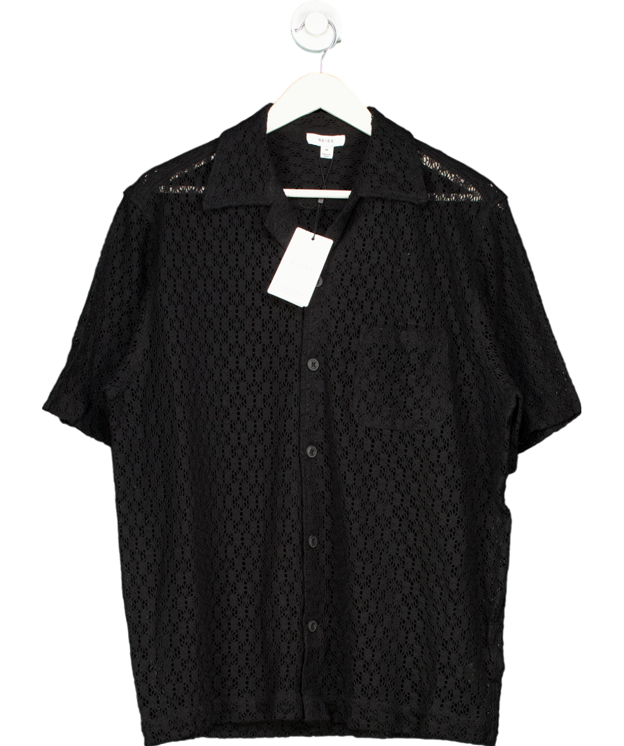 REISS Black Elvis Cotton Blend Crochet Cuban Collar Shirt UK M