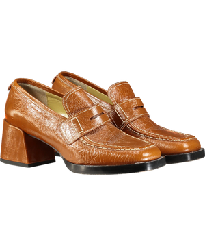 labucq Brown Kitty Tan Patent Heeled Loafers UK 6 EU 39
