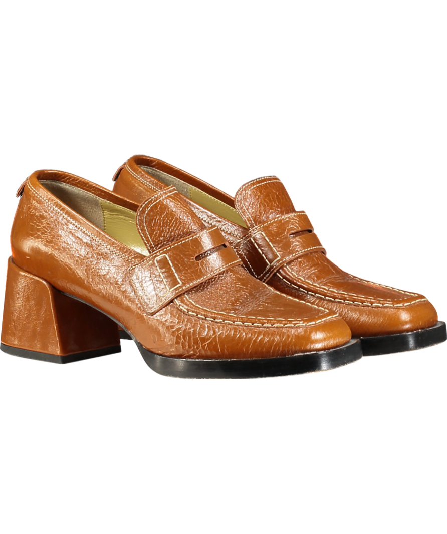 labucq Brown Kitty Tan Patent Heeled Loafers UK 6 EU 39 👠