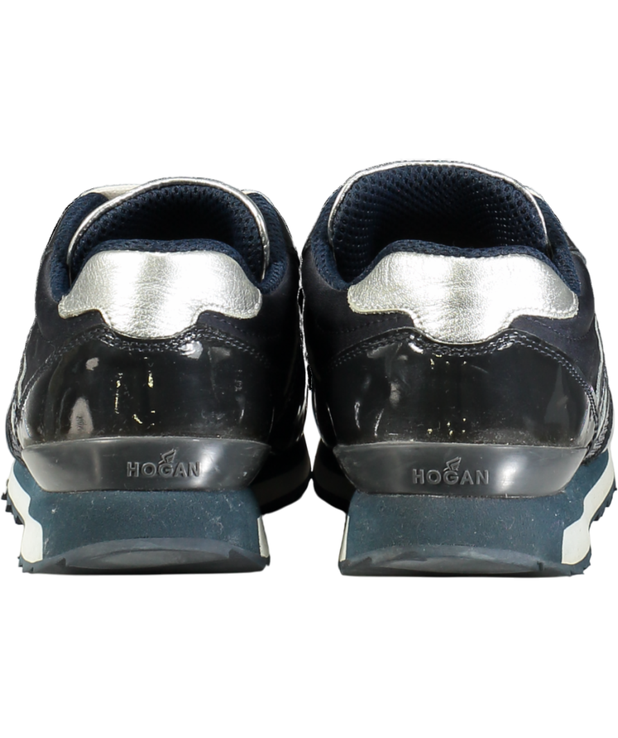 HOGAN Blue Navy Patent "H" Logo Sequin Trimmed Trainers UK 4.5 EU 37.5 👠