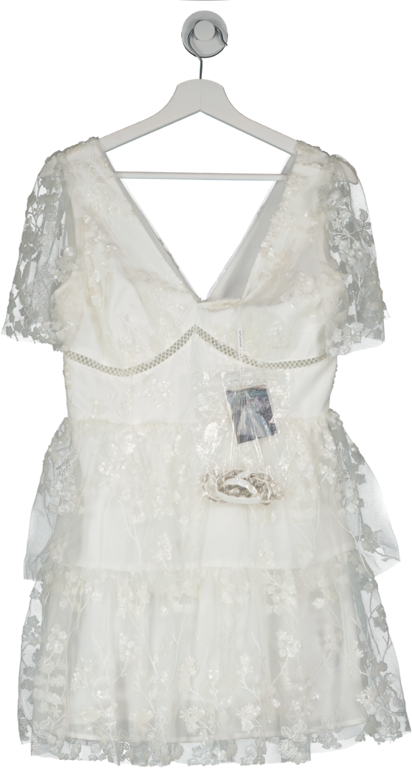 Self-Portrait White Ivory Blossom Pearl  Trim Lace Mini Dress UK 8