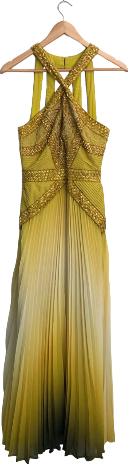 Karen Millen Gold Geo Embellished Ombre Pleated Woven Maxi Dress UK 8