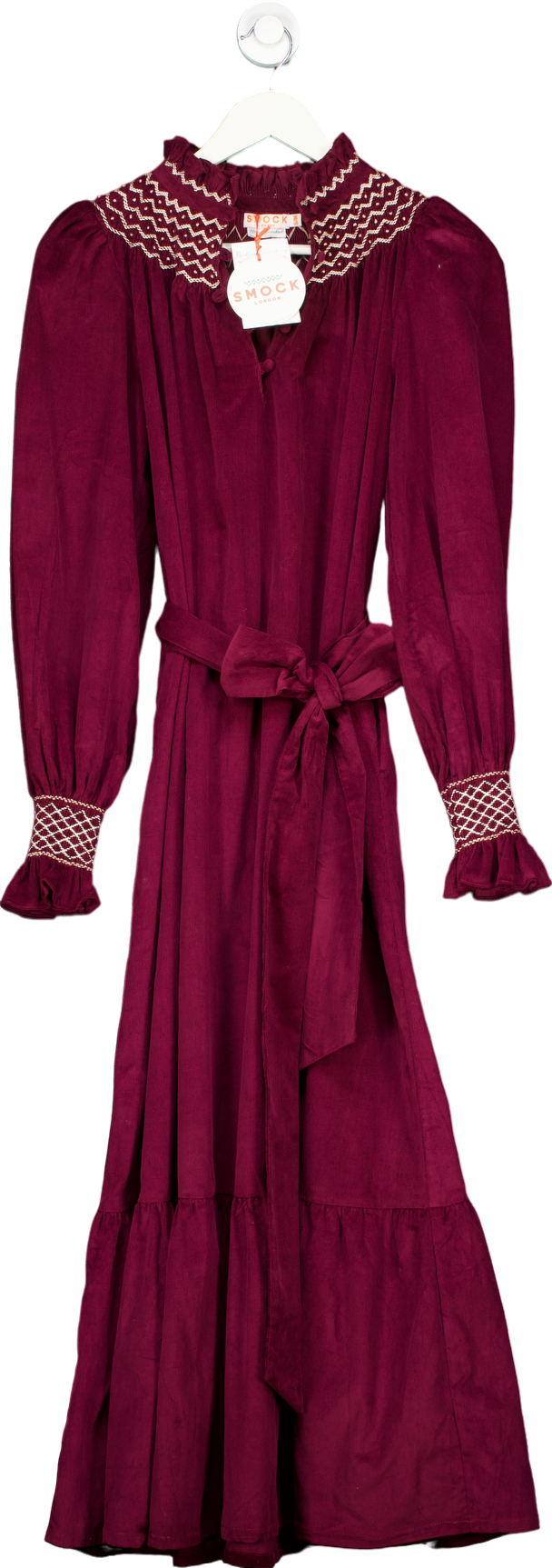 Smock London Burgundy Hand Smocked Corduroy Dress UK S/M