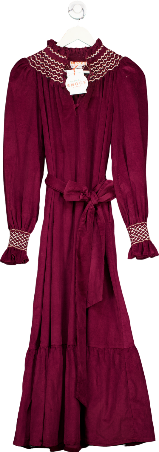 Smock London Burgundy Hand Smocked Corduroy Dress UK S/M