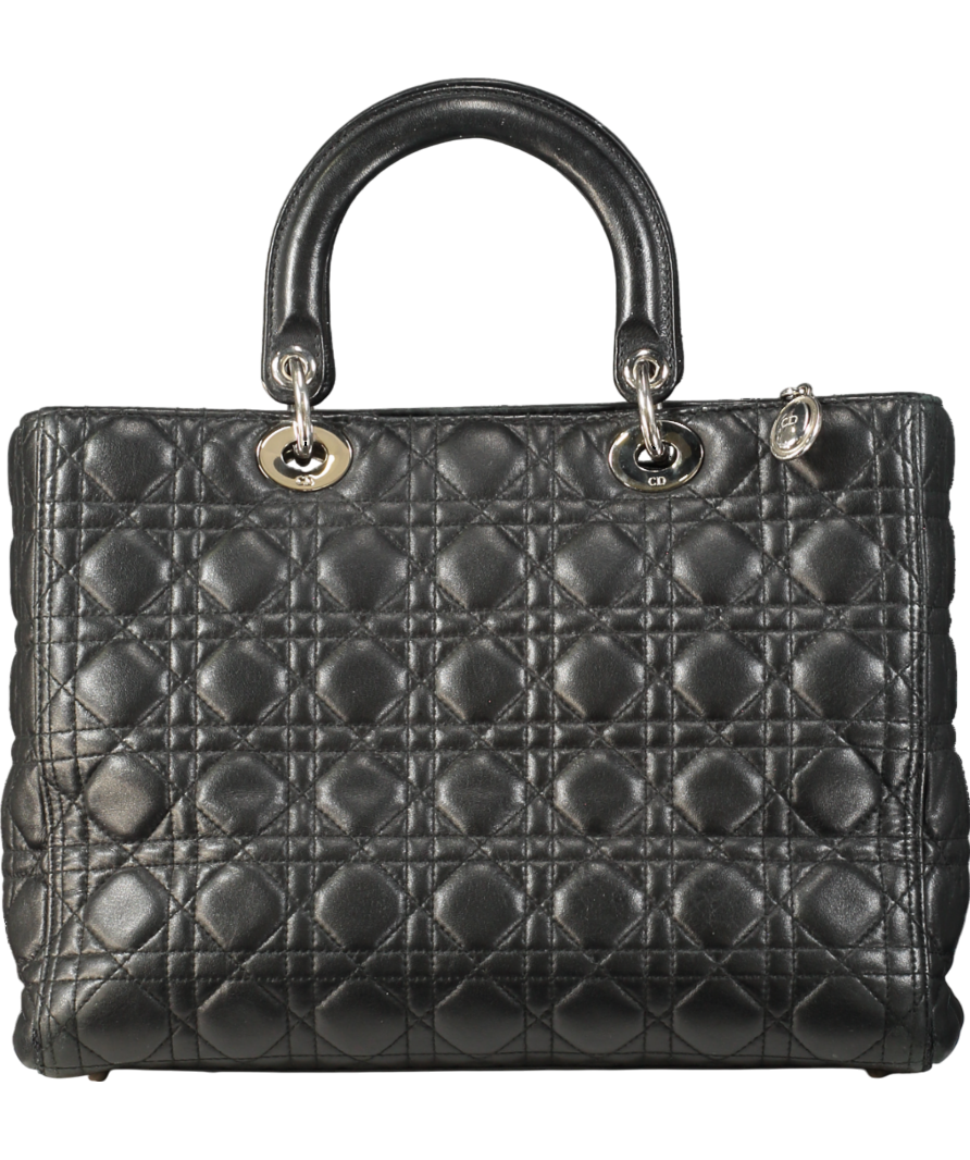 CHRISTIAN DIOR Black Lambskin Lady Dior Black Handbag  with Silver hardware