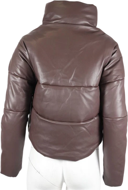 APPARIS Chocolate Brown Faux Leather Funnel Neck Puffer Jacket UK S