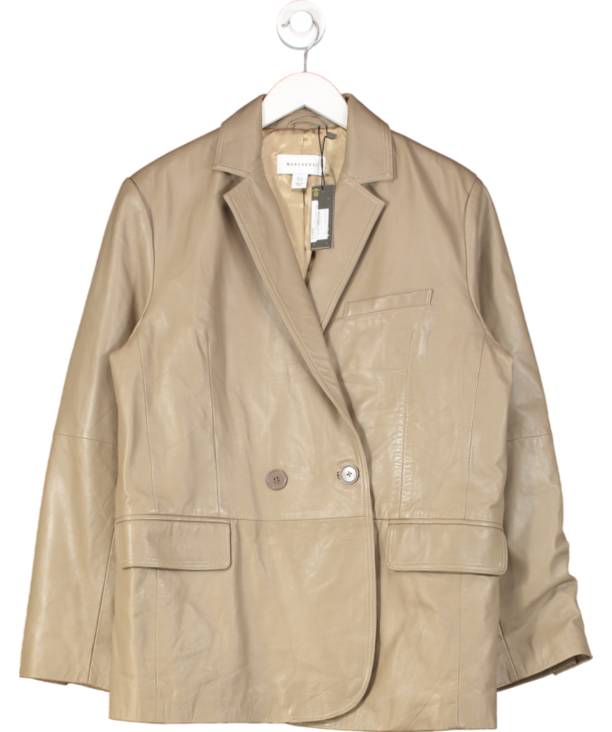 Warehouse Beige Real Leather Double Breasted Relaxed Blazer UK 14