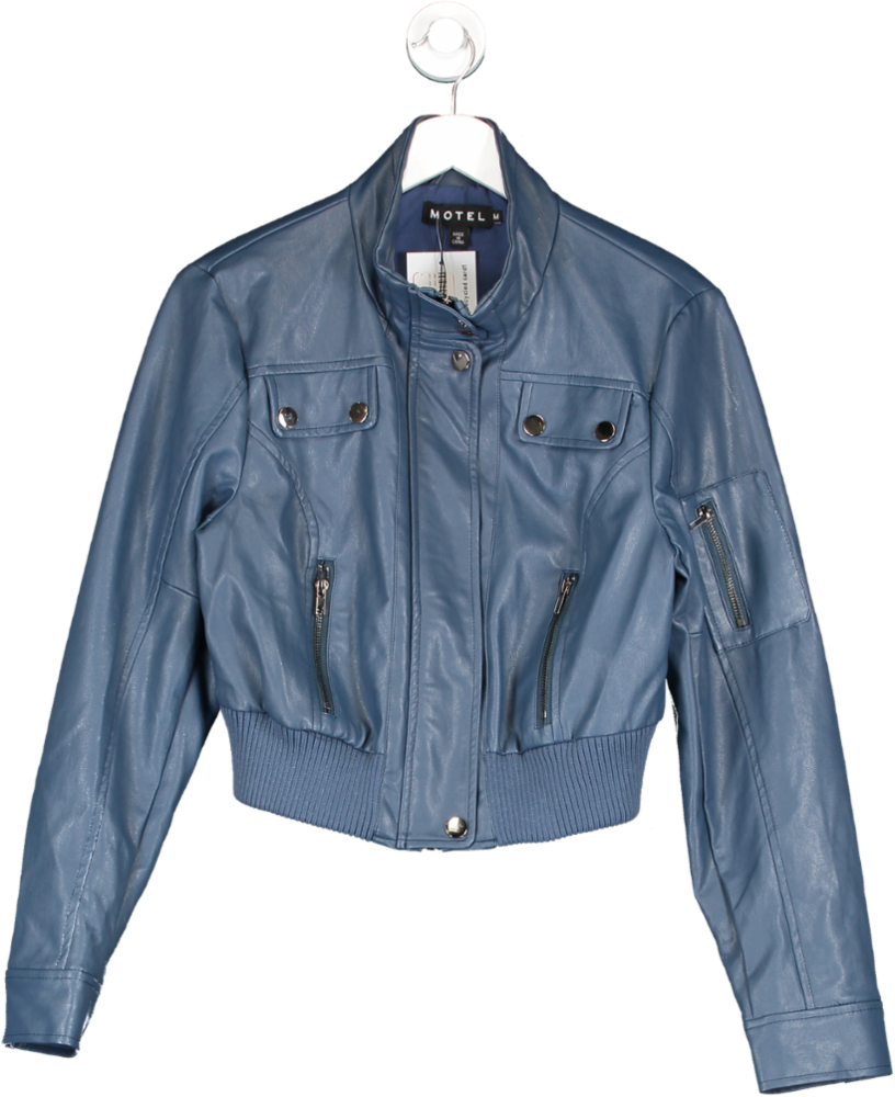 Motelrocks Blue Faux Leather Bomber Jacket UK M