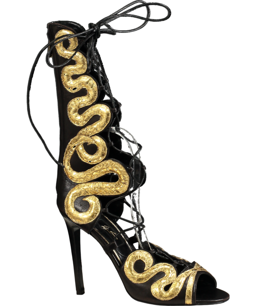 JF London Black Open Toe Lace-up Gold Detail Heels UK 6 EU 39 👠