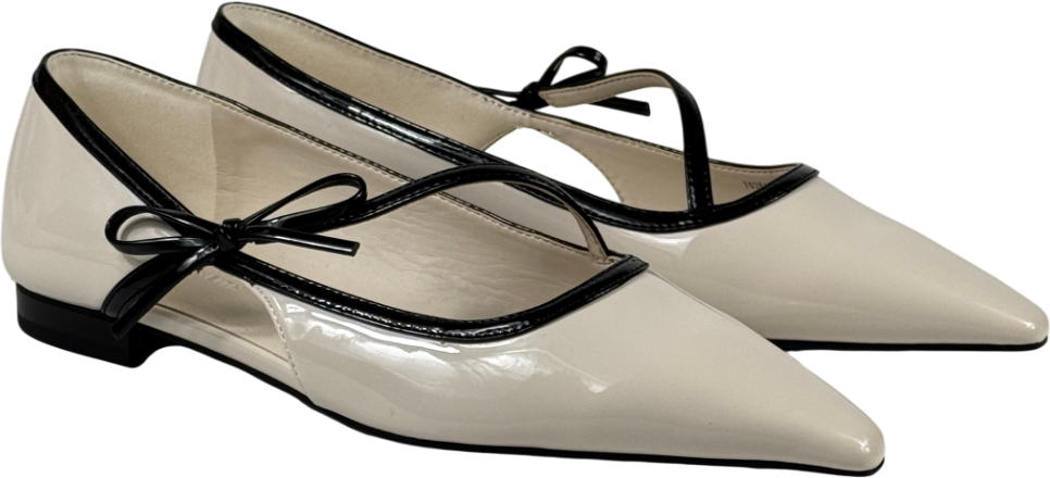 CHARLES & KEITH Patent Contrast-trim Pointed-toe Bow-strap Flats - Chalk White UK 4 EU 37 👠