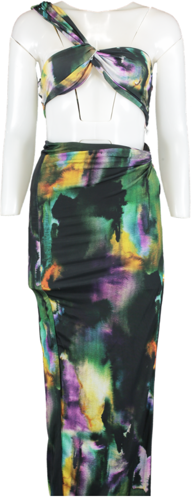 Club L Multicoloured Watercolour Print Knot Split Maxi Skirt & One Shoulder Bralette Uk 10 UK 6