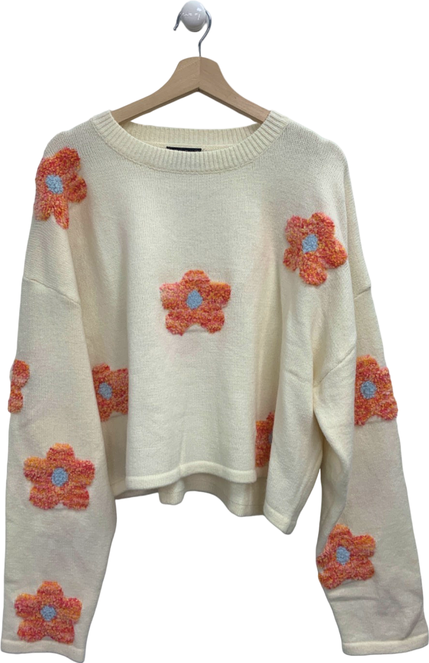 PrettyLittleThing Cream Floral Knit Jumper UK L