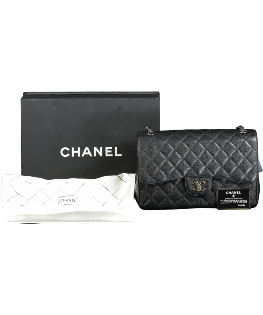 CHANEL Black Jumbo Classic Double Flap Bag in Caviar Leather with Silver Hardware
