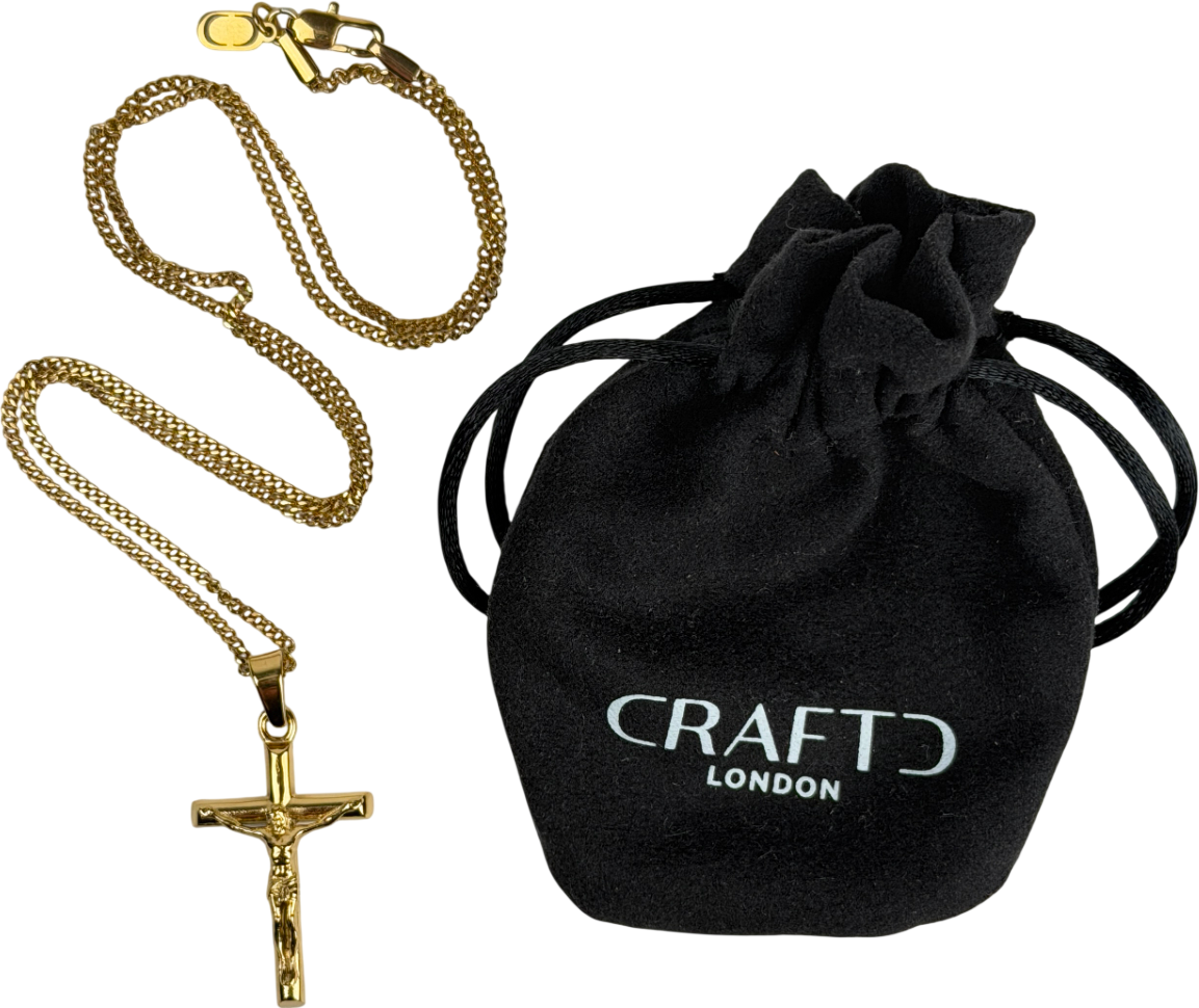 CRAFTD LONDON 18k Yellow gold plated 'a Symbol Of Faith' Crucifix Pendant & 2mm Cuban Chain