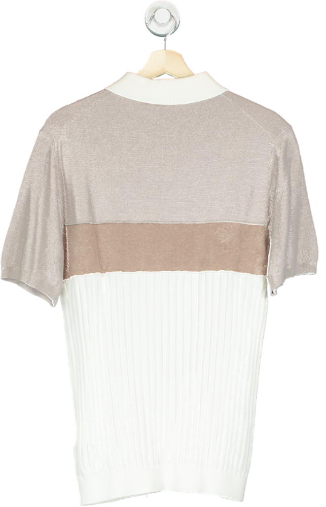 Reiss Beige and White Collared Zip Knit Top UK L