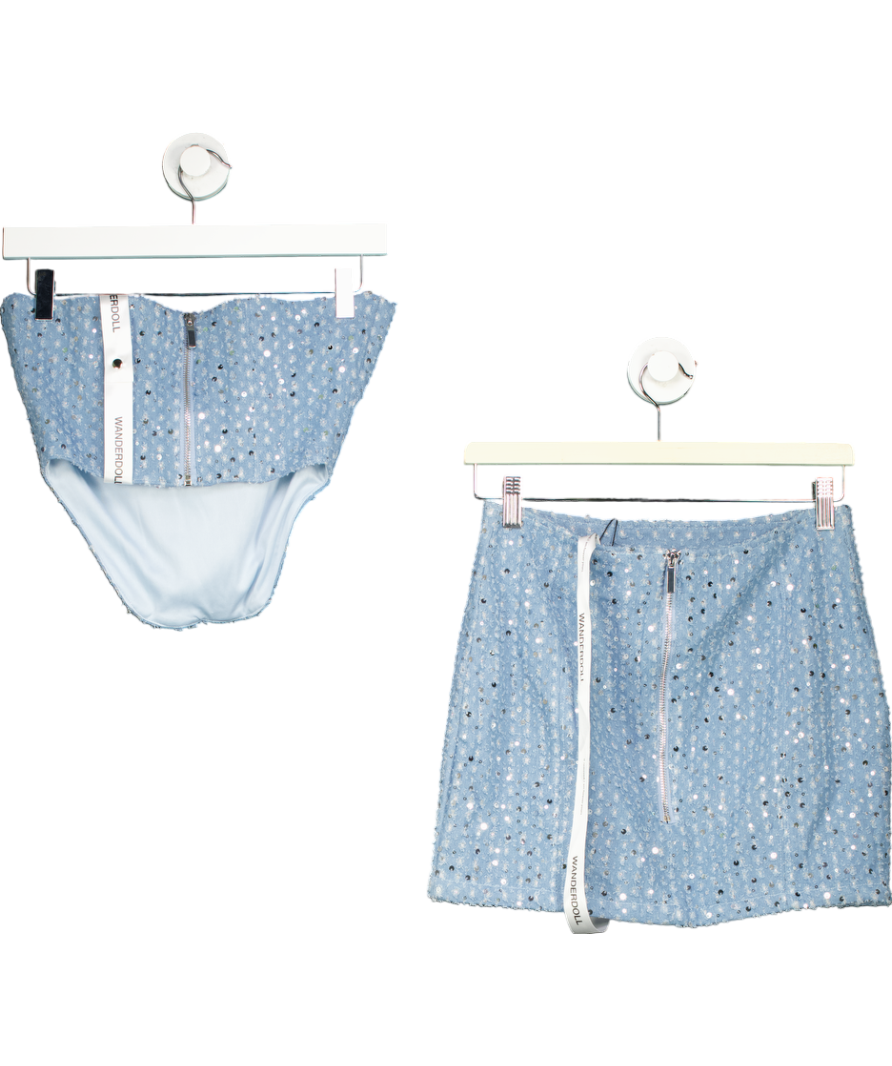 WANDERDOLL Blue 2-piece Sequin Corset Top And Mini Denim Skirt Co-ord Set - Top Uk 6, Skirt UK 8