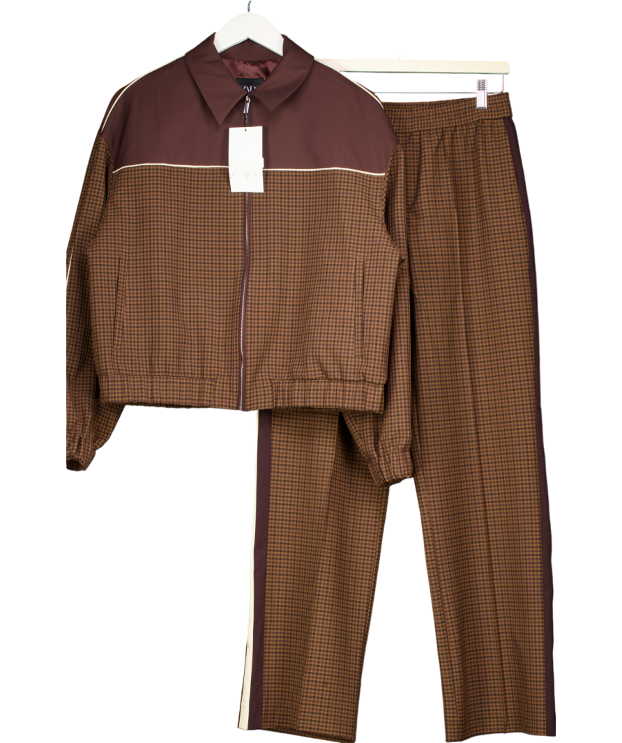 ZARA Brown 2-piece Lightweight Checkered Zip Up Casual Spring Jacket And Trouser Set UK M