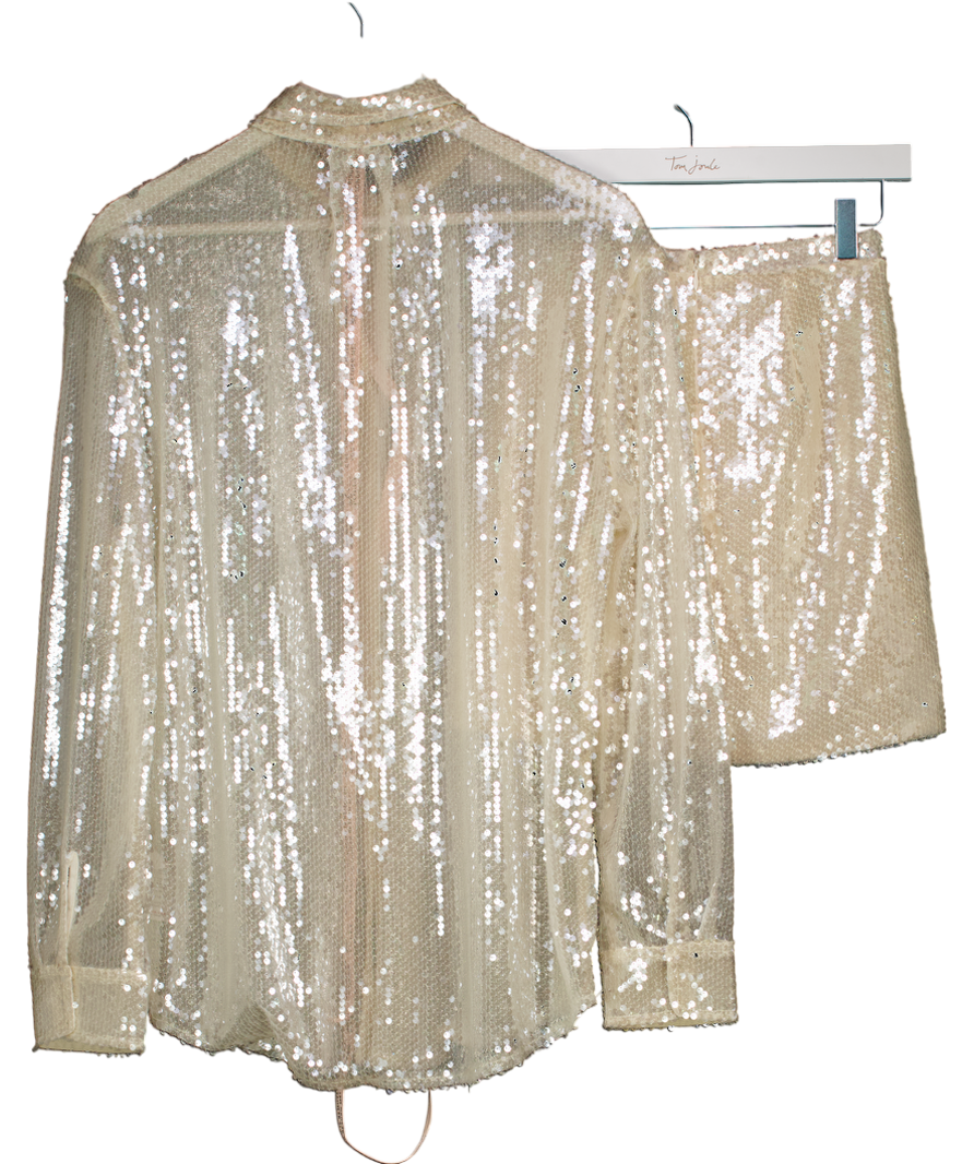 Oh Polly Cream Sequin Shirt And Mini Skirt Set UK 8